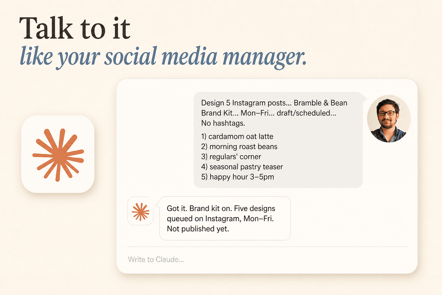 Chat with Claude asking for five Bramble & Bean Instagram posts queued Mon–Fri.