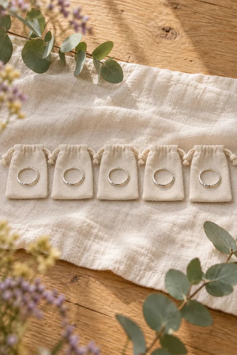 Five matching rings on linen pouches