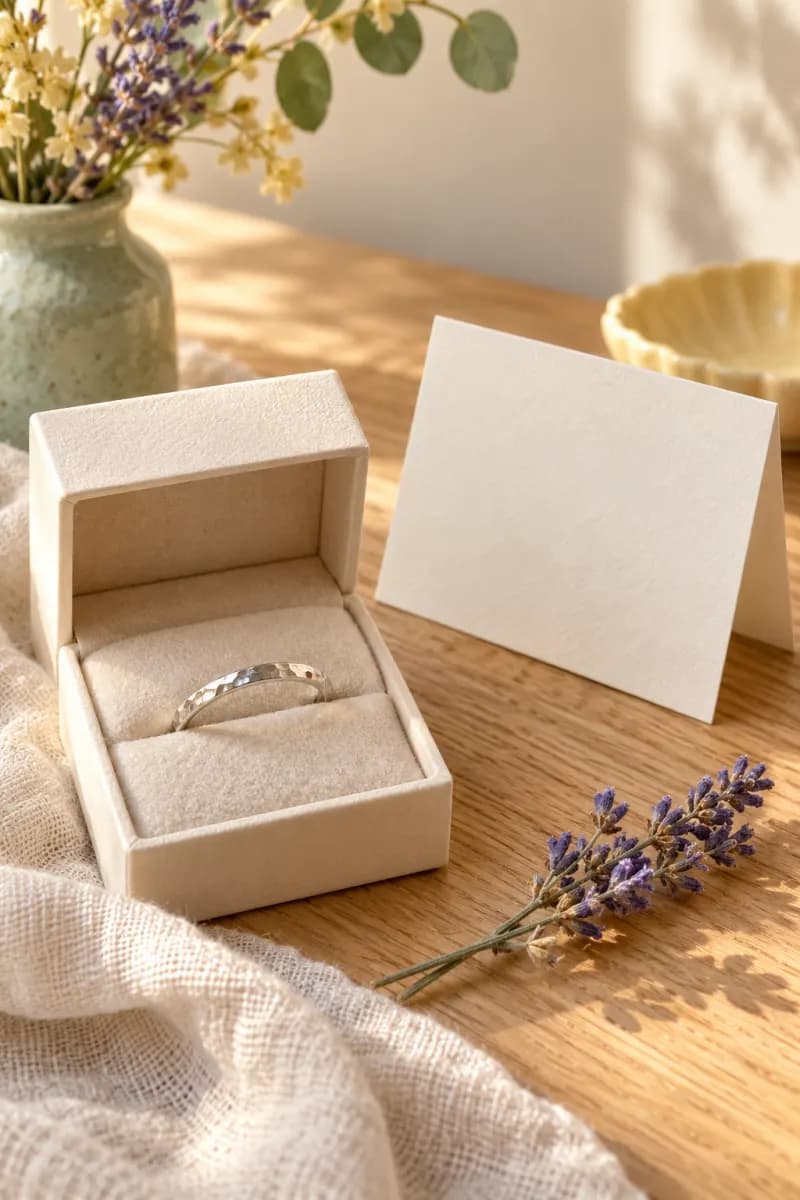 A silver ring in an open gift box with a blank card