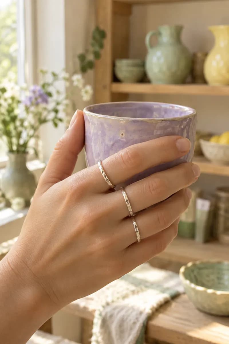 Silver stacking rings on a hand holding a lilac cup