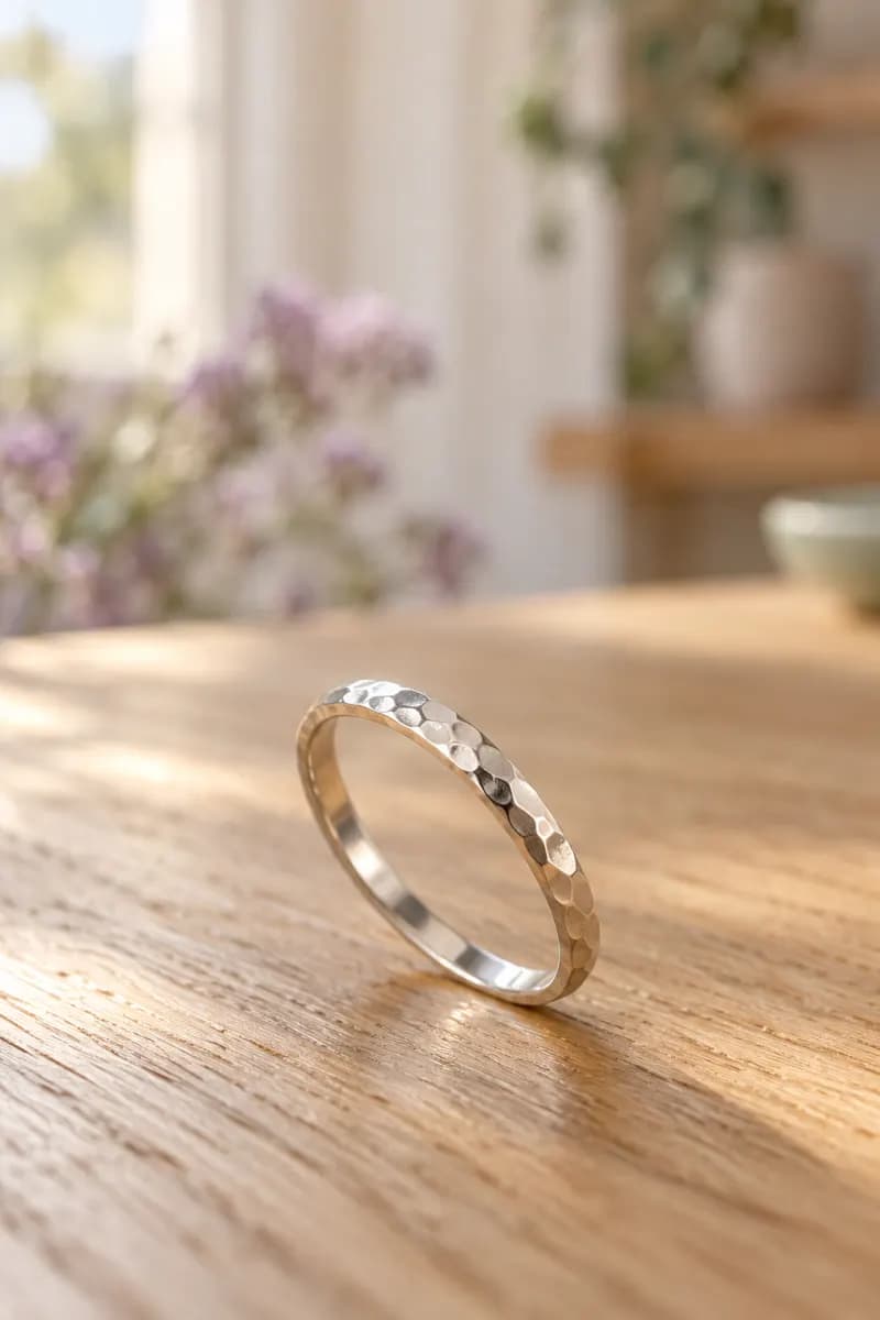 Close-up of a hammered silver ring band