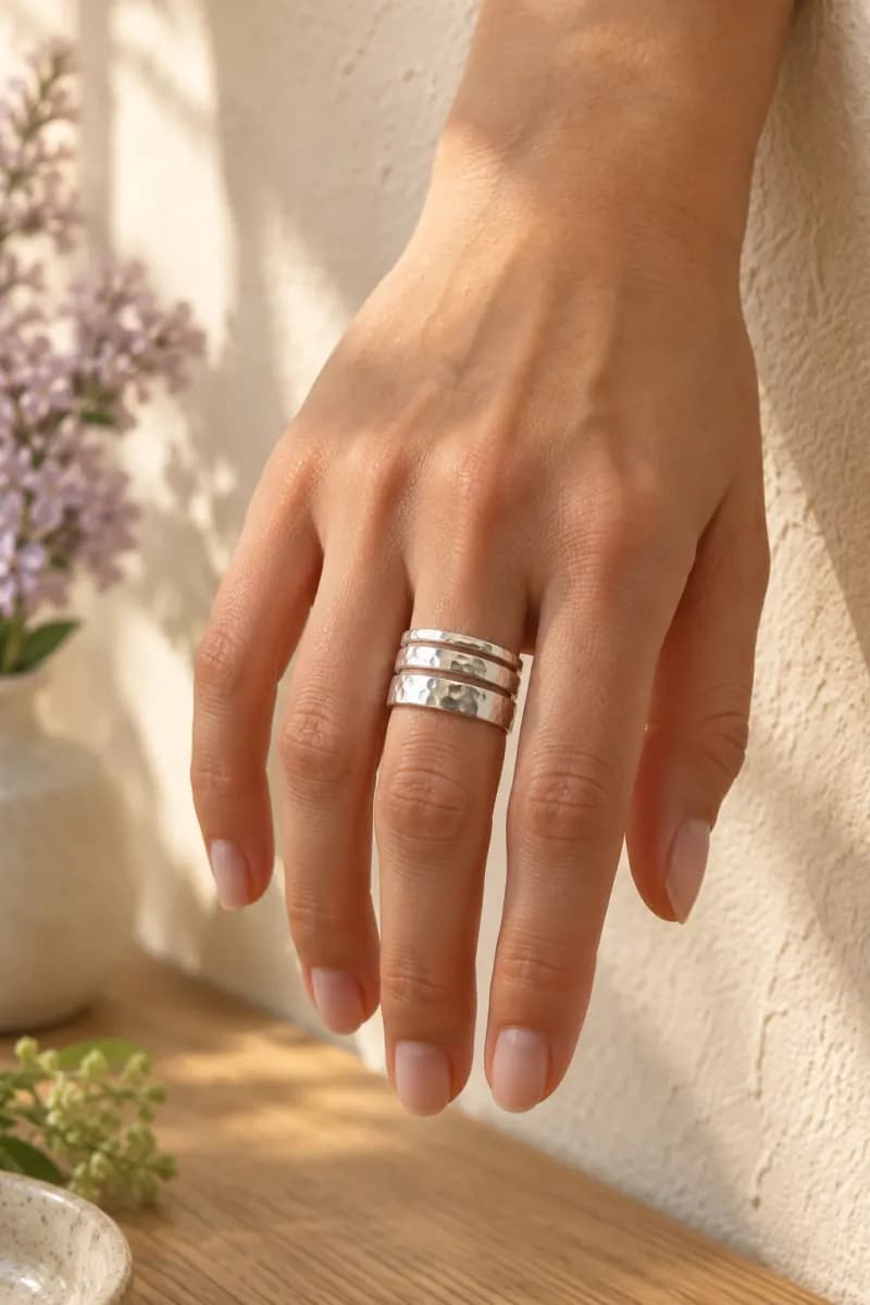 Three rings of different widths stacked on one finger