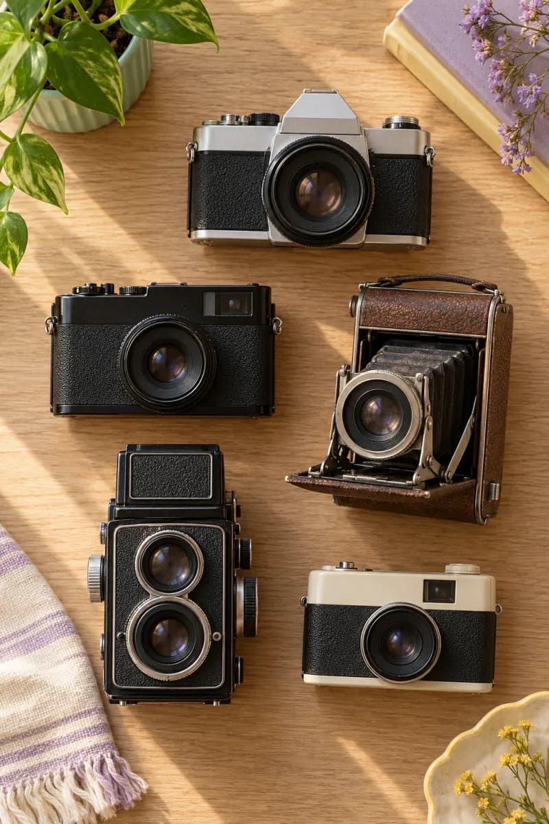Five vintage film cameras laid out on an oak table