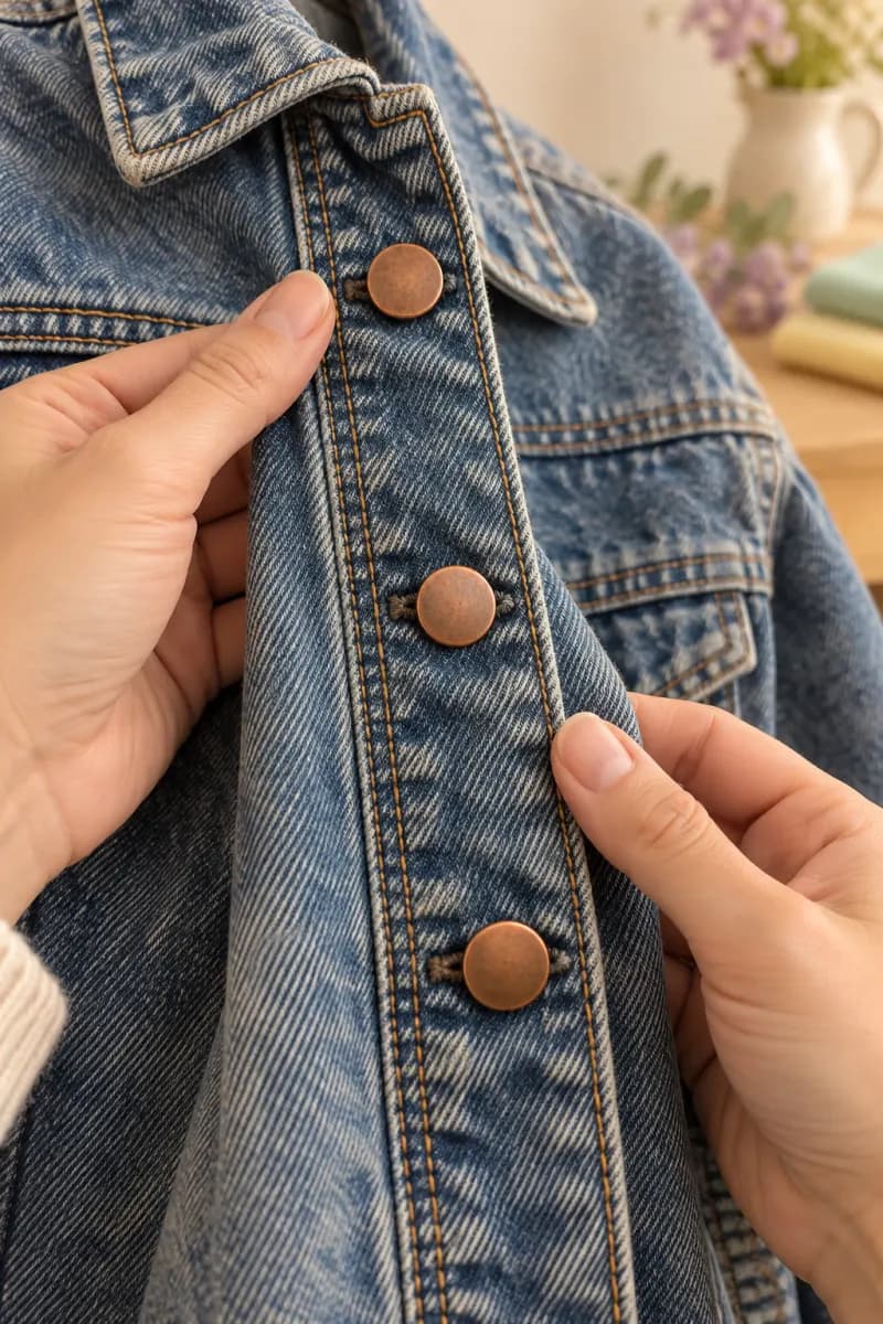 Close-up of copper buttons and stitching on denim