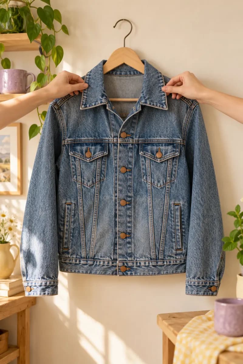 A vintage denim jacket on a hanger, hands straightening the collar