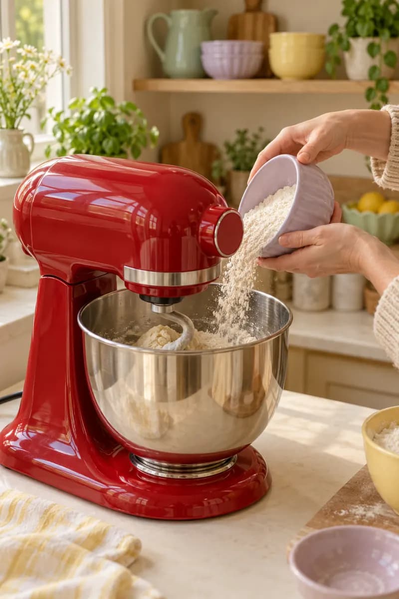 A red stand mixer kneading dough on a kitchen counter