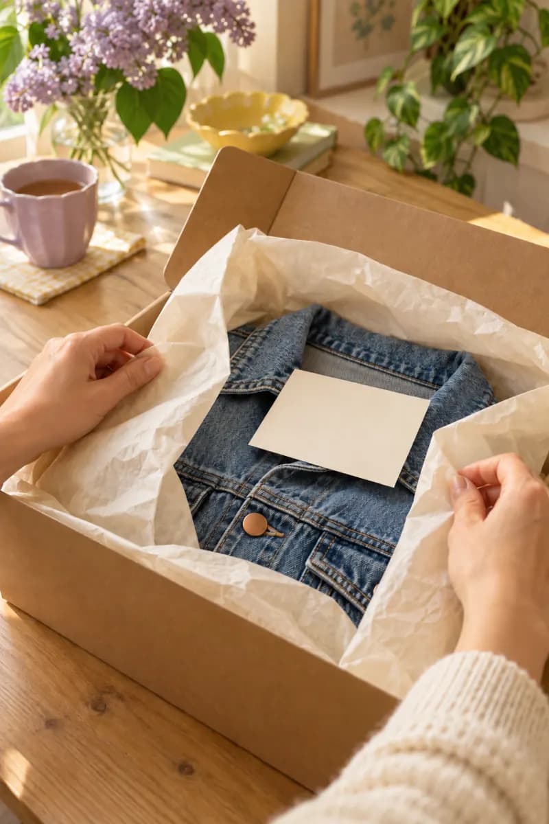 Hands wrapping a folded denim jacket in tissue inside a shipping box